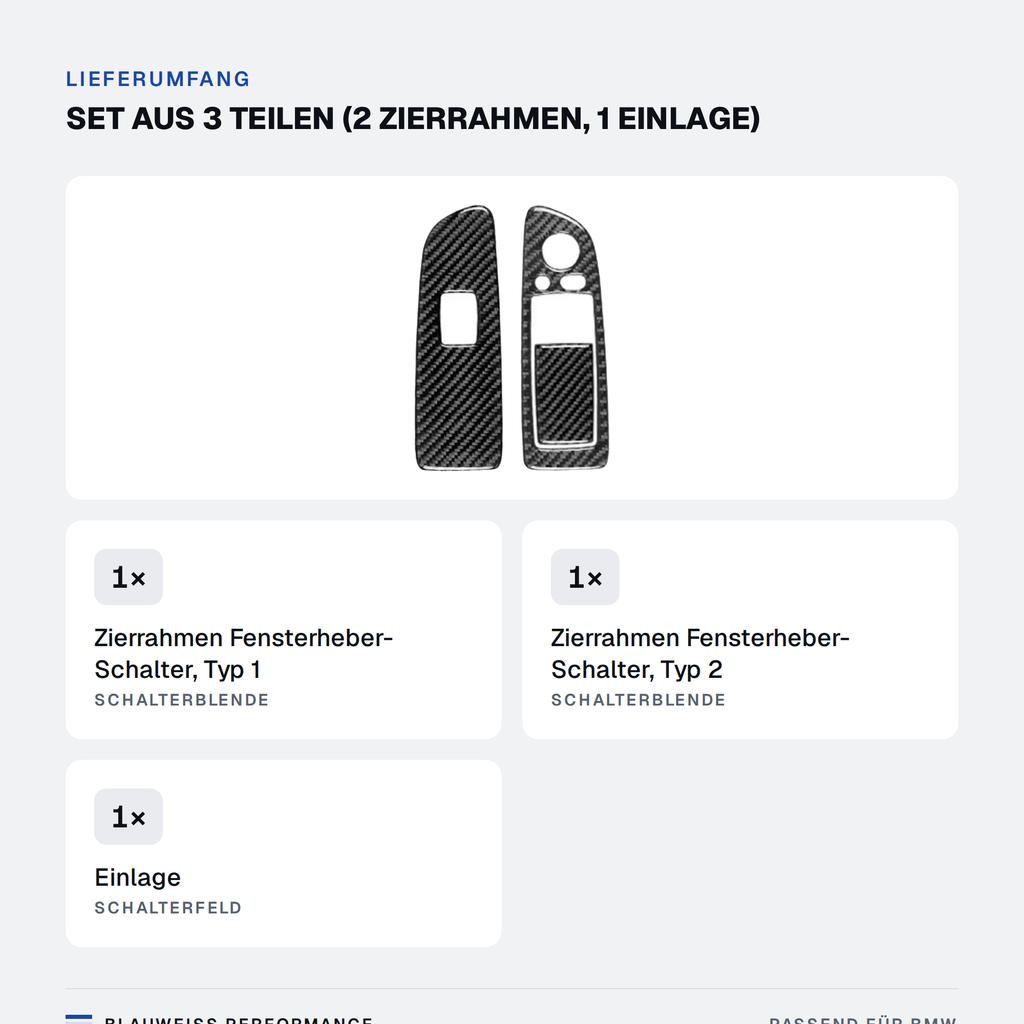Fensterheber Schalter Zierblenden Set Carbon-Optik passend für BMW 1er E82 E88 – Lieferumfang