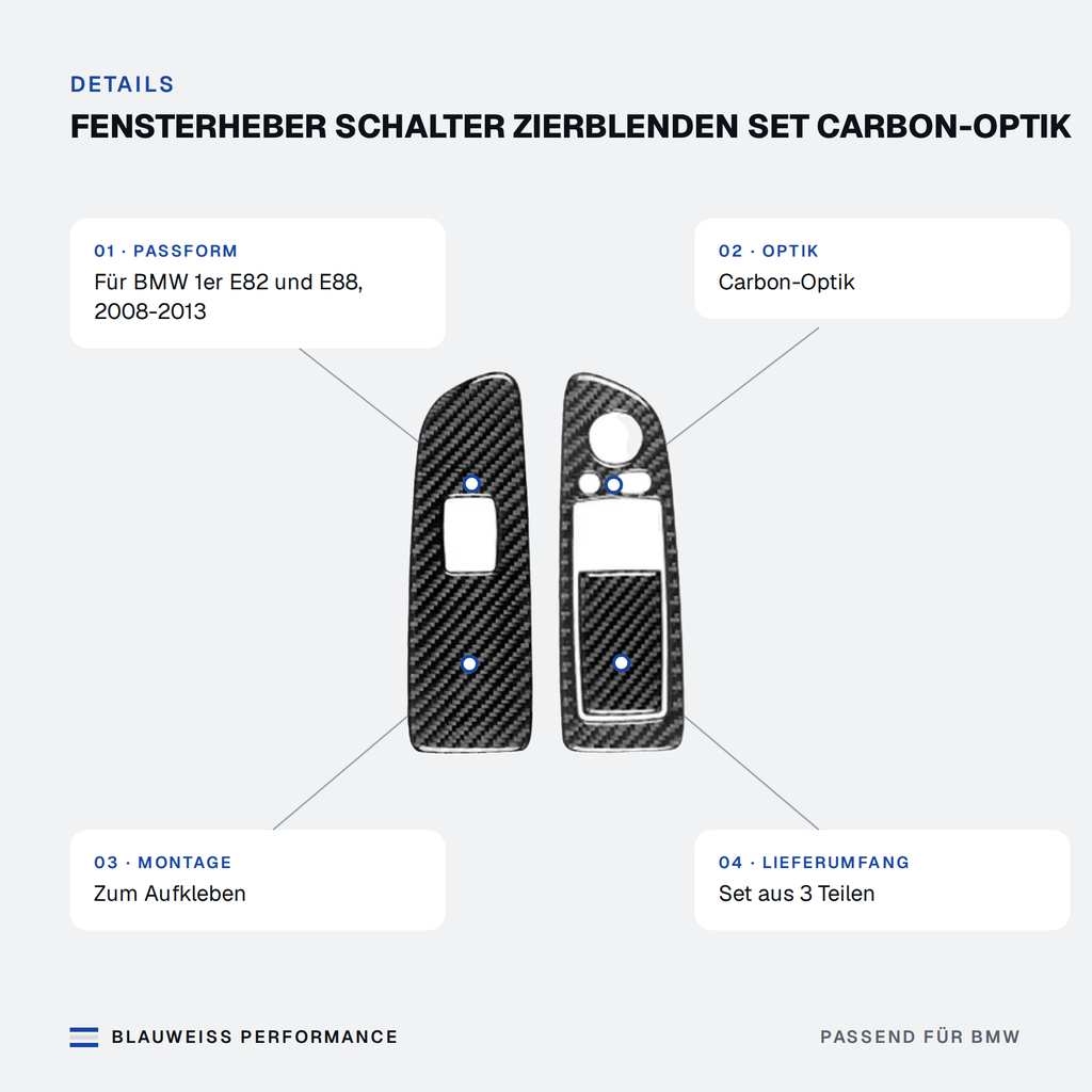 Fensterheber Schalter Zierblenden Set Carbon-Optik passend für BMW 1er E82 E88 – Merkmale