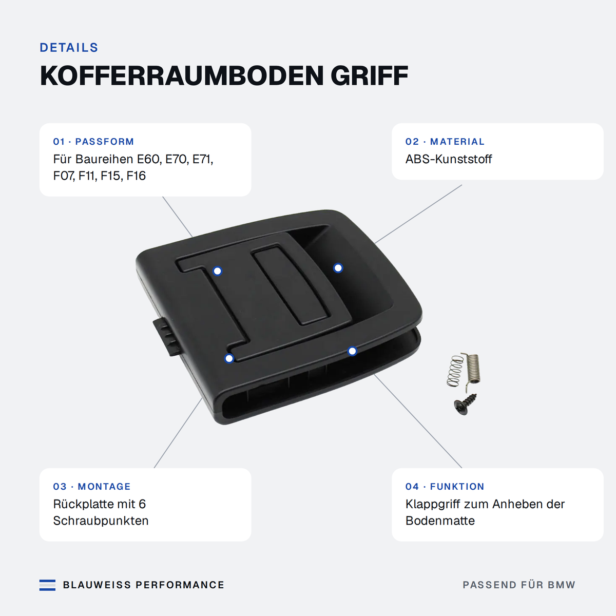 Kofferraumboden Griff passend für BMW 5er / X5 / X6 E60 E70 E71 F07 – Merkmale
