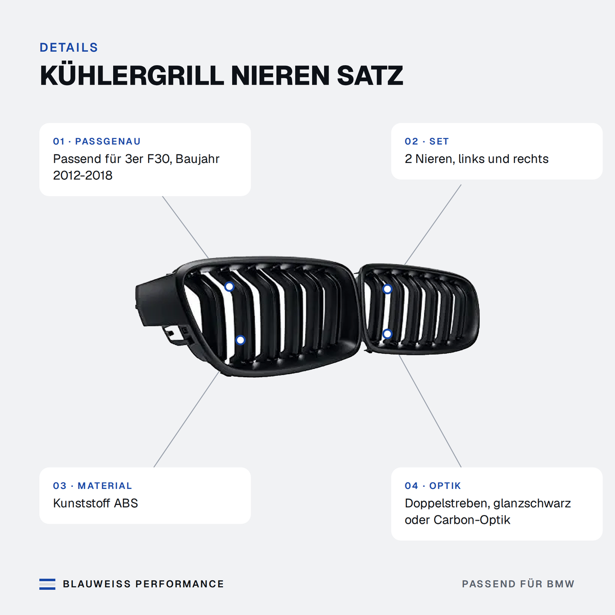 Kühlergrill Nieren Satz passend für BMW 3er F30 – Merkmale
