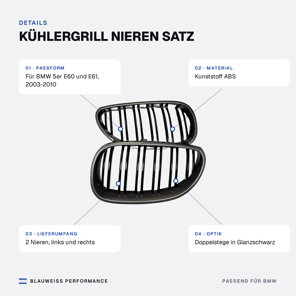 Kühlergrill Nieren Satz passend für BMW 5er E60 E61 – Merkmale