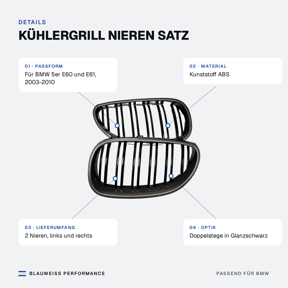 Kühlergrill Nieren Satz passend für BMW 5er E60 E61 – Merkmale