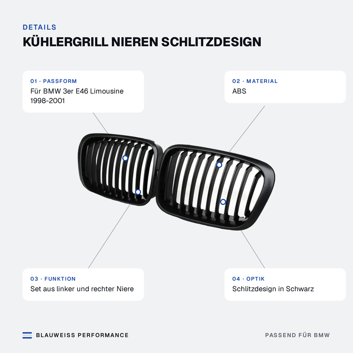 Kühlergrill Nieren Schlitzdesign passend für BMW 3er E46 – Merkmale