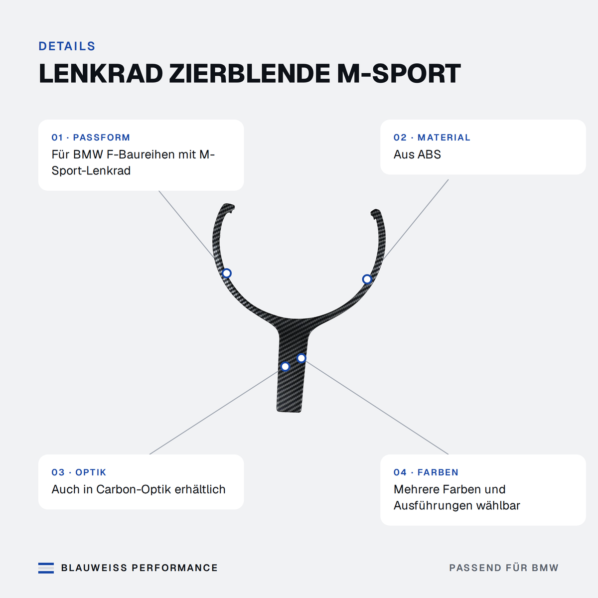 Lenkrad Zierblende M-Sport passend für BMW 1er / 2er / 3er / 4er / 5er / X5 / X6 F06 F10 F12 F13 – Merkmale