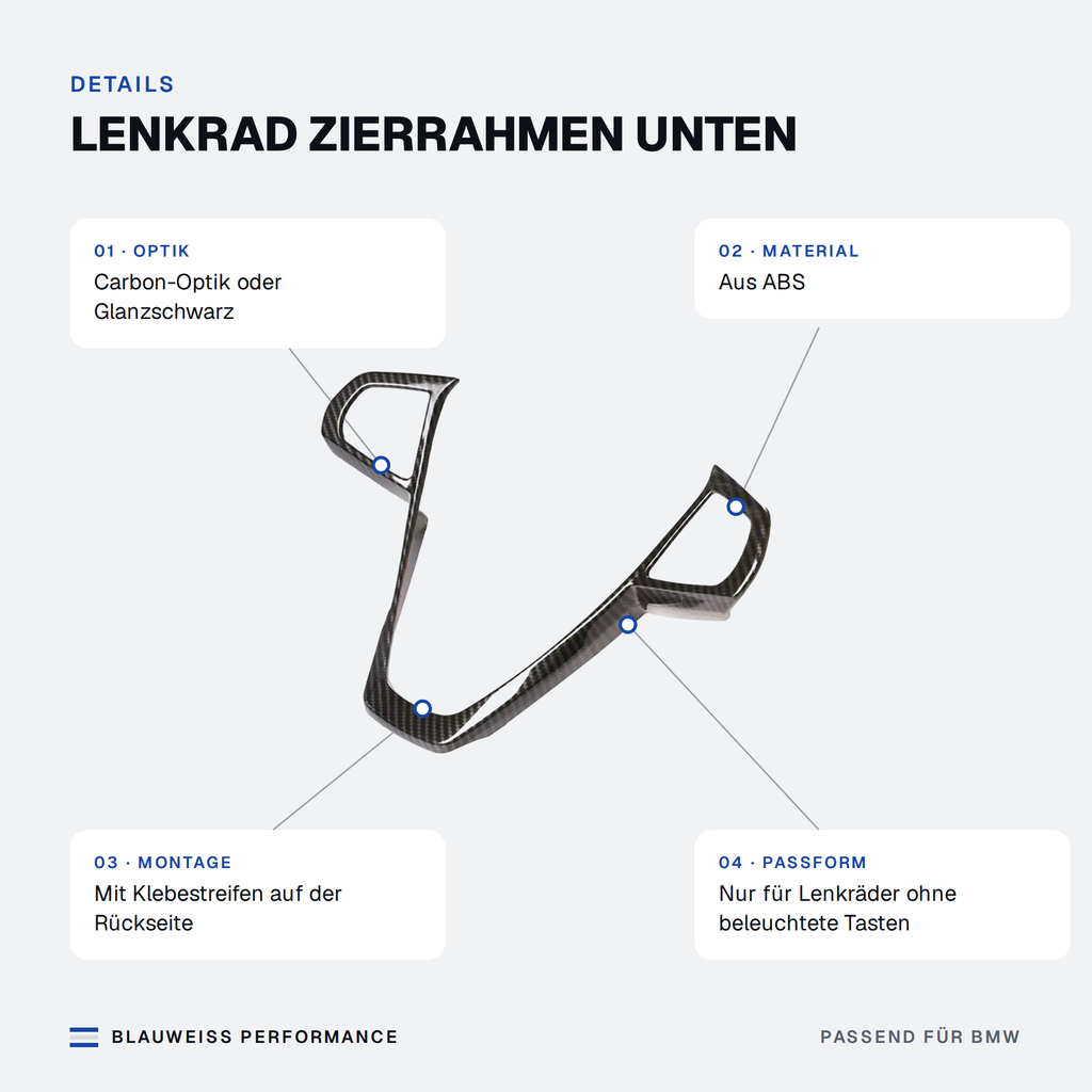 Lenkrad Zierrahmen unten passend für BMW 3er / 5er / 6er / X3 / X5 / X7 G01 G05 G07 G11 – Merkmale