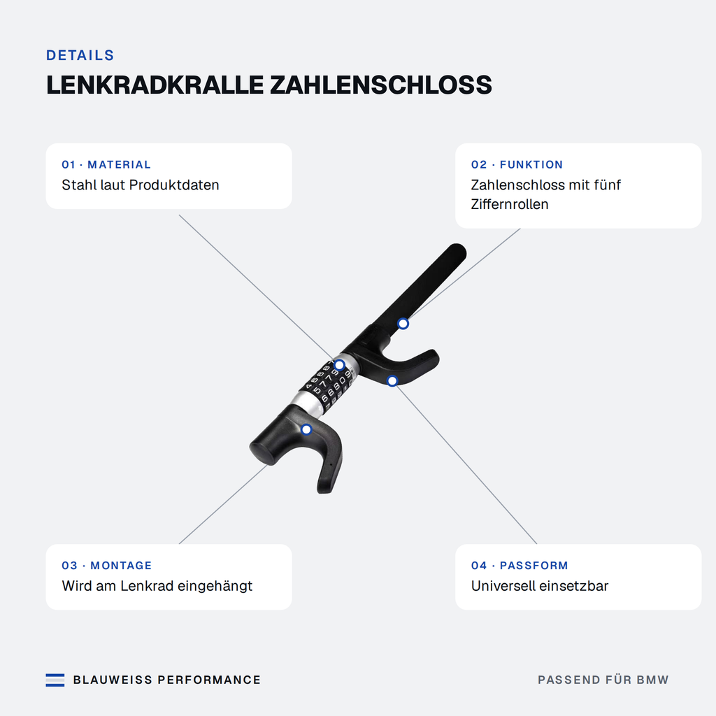 Lenkradkralle Zahlenschloss – Merkmale