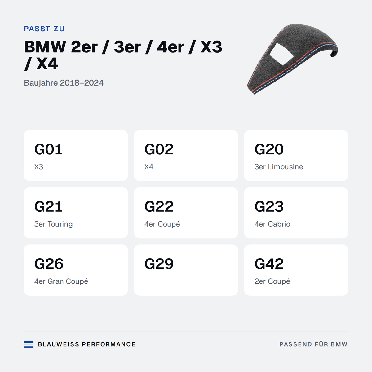 Schaltknauf Abdeckung Wildleder-Optik passend für BMW 2er / 3er / 4er / X3 / X4 G01 G02 G20 G21 – Passt zu