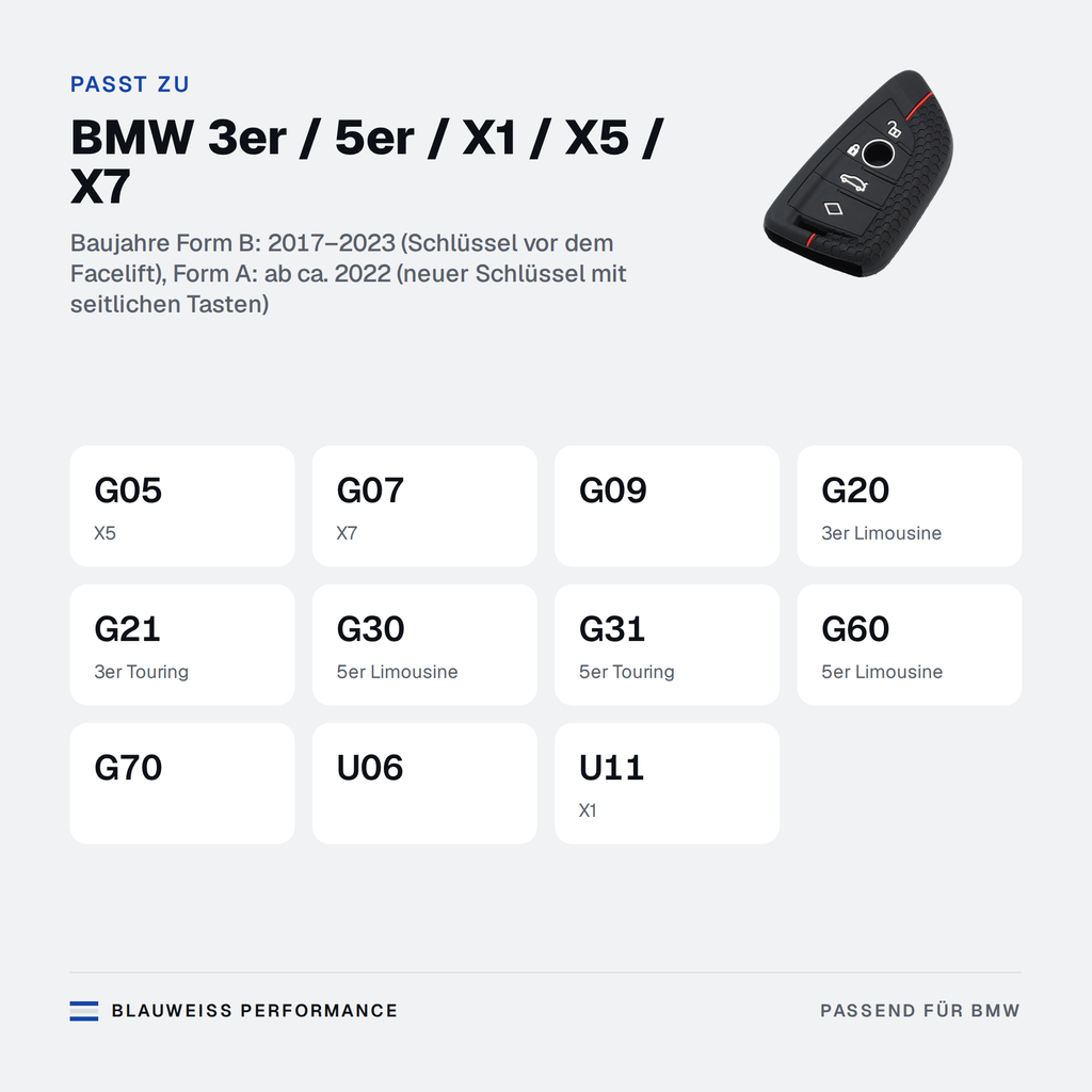 Schlüssel Schutzhülle passend für BMW 3er / 5er / X1 / X5 / X7 G05 G07 G09 G20 – Passt zu