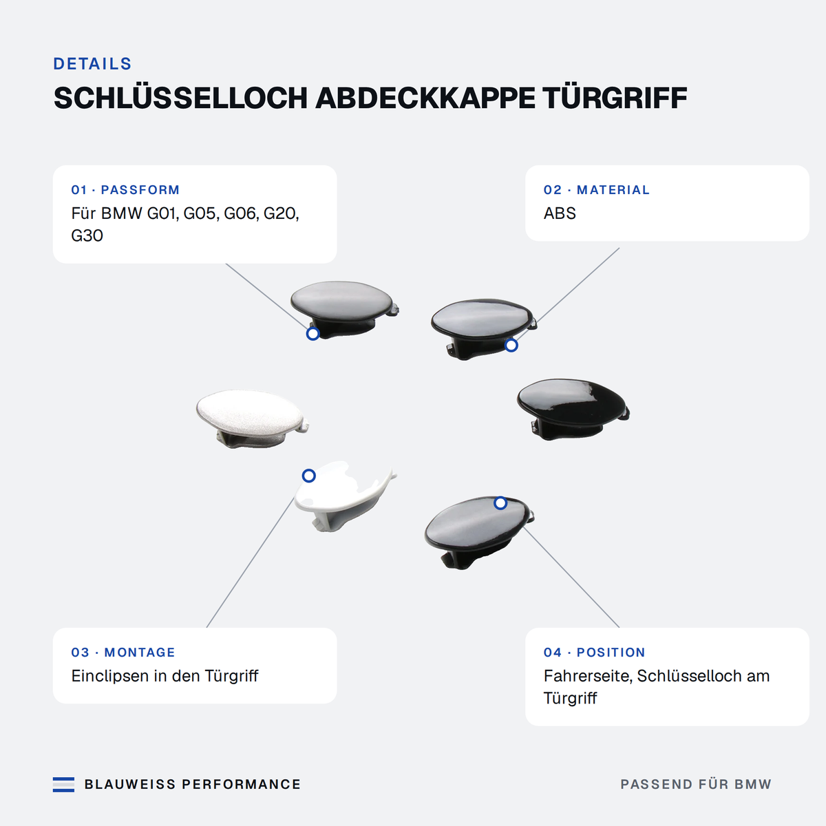 Schlüsselloch Abdeckkappe Türgriff passend für BMW 3er / 5er / X3 / X5 / X6 G01 G05 G06 G20 – Merkmale