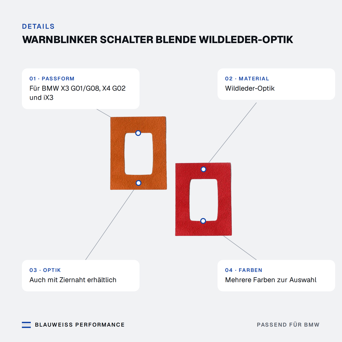 Warnblinker Schalter Blende Wildleder-Optik passend für BMW X3 / X4 G01 G02 G08 – Merkmale